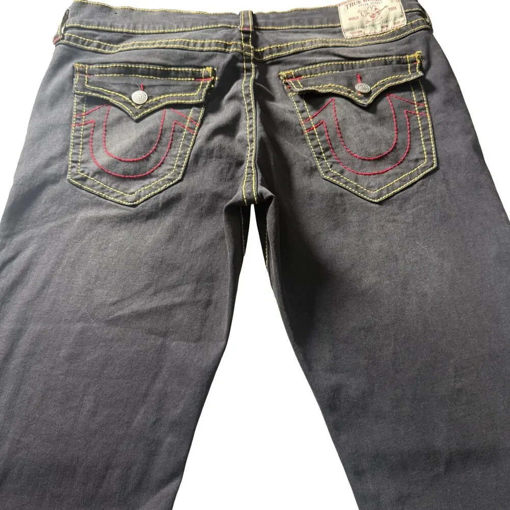 True Religion Geno Relaxed Slim Black Jeans Red Stitch Flap Pocket Men’s 38x31